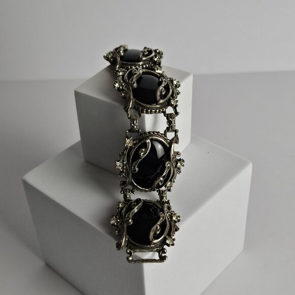 Vtg Style Gothic Faux Onyx & Rhinestone Bracelet Ornate Silver-Tone Setting, 7" - Picture 6 of 16